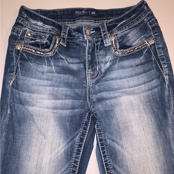 Miss Me Fleur De Lis Boot Cut Jeans Pink Embroidered Sequins Sparkly Pockets 26 - Picture 4 of 10